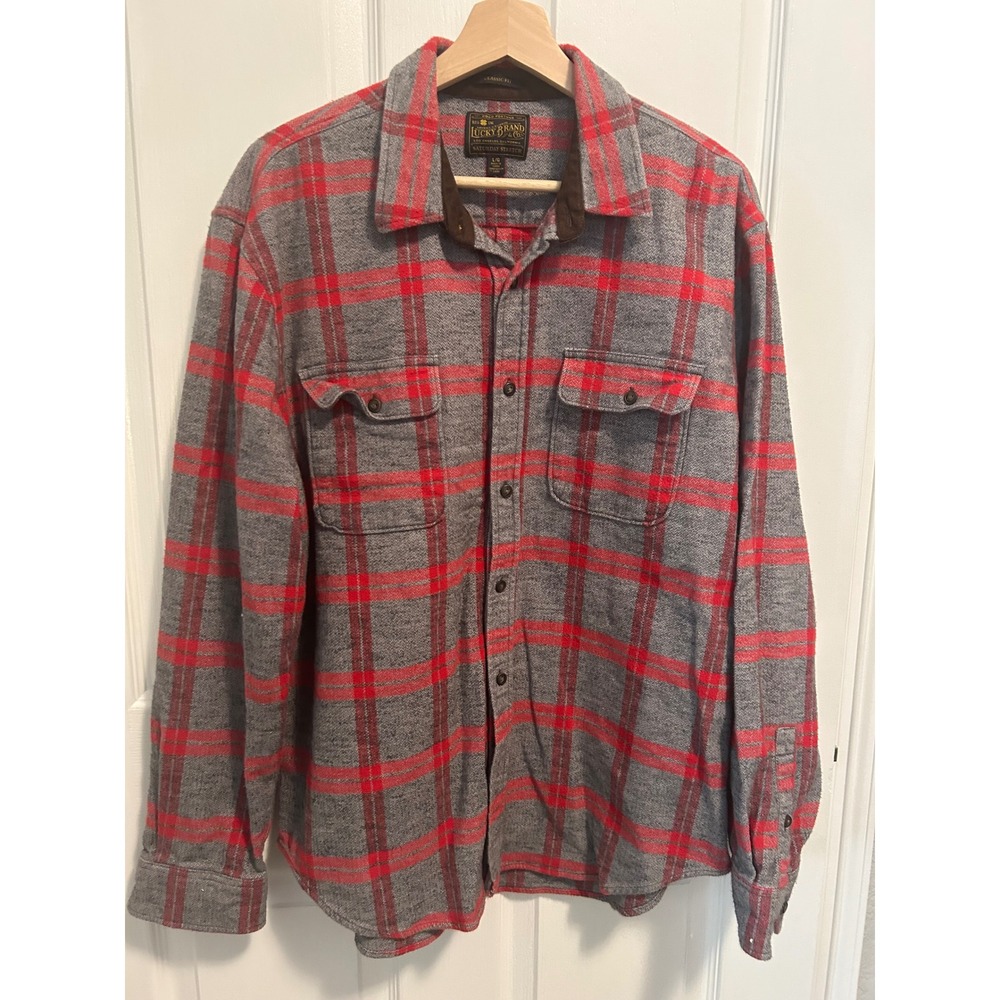 Lucky Brand Mens L G Gray Red Plaid Flannel Shirt Classic Fit Saturday Stretch - Picture 1 of 8